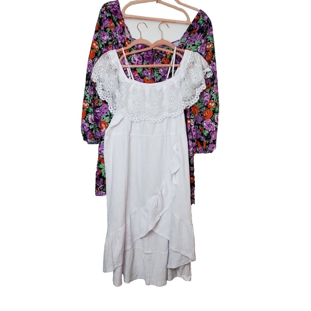 Women's 4X Dresses Lot of 2 White with Lace Black Floral Cottage Core Coquette